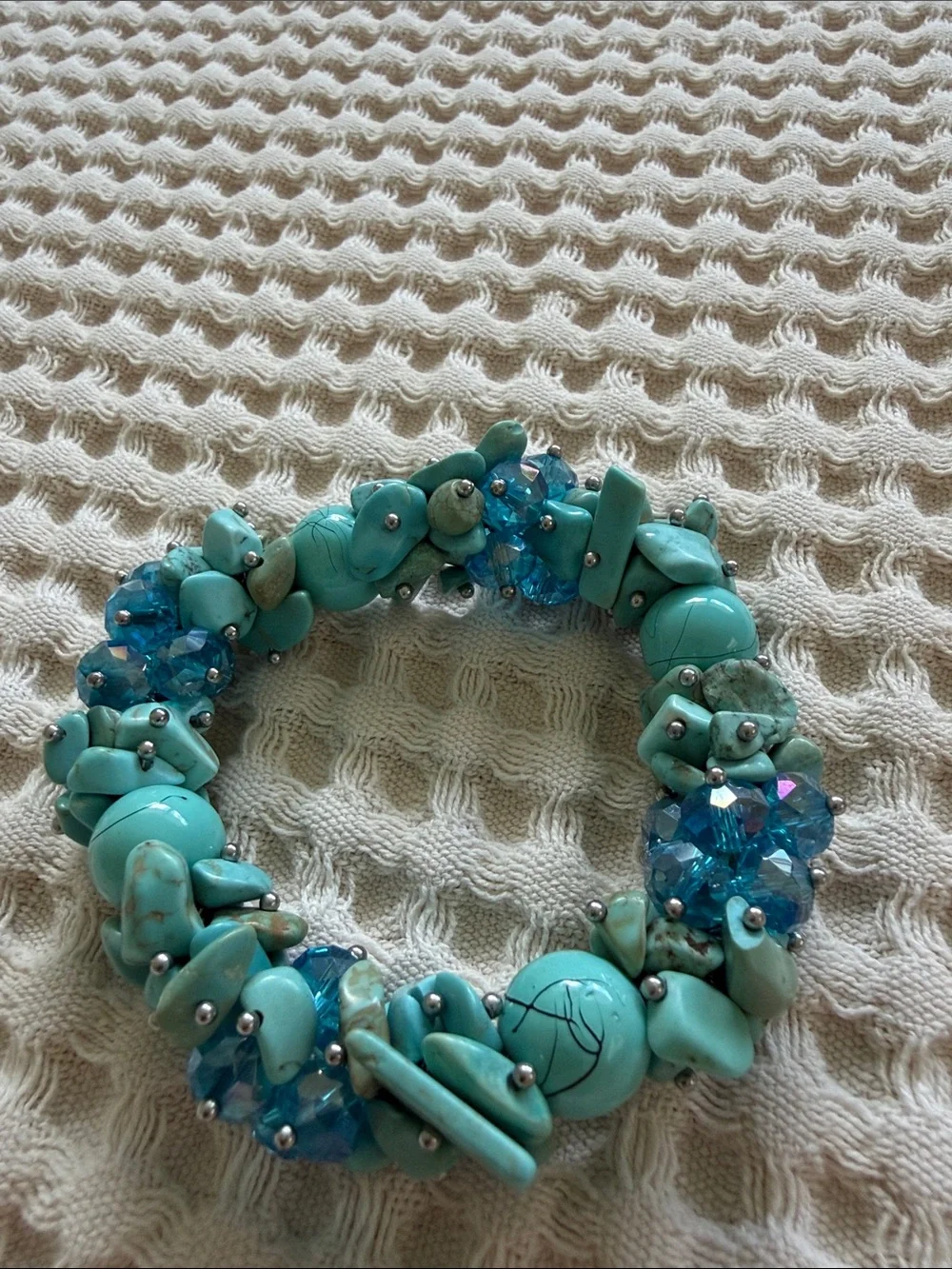Turquoise Bead and Crystal Stretch Bracelet - Blue